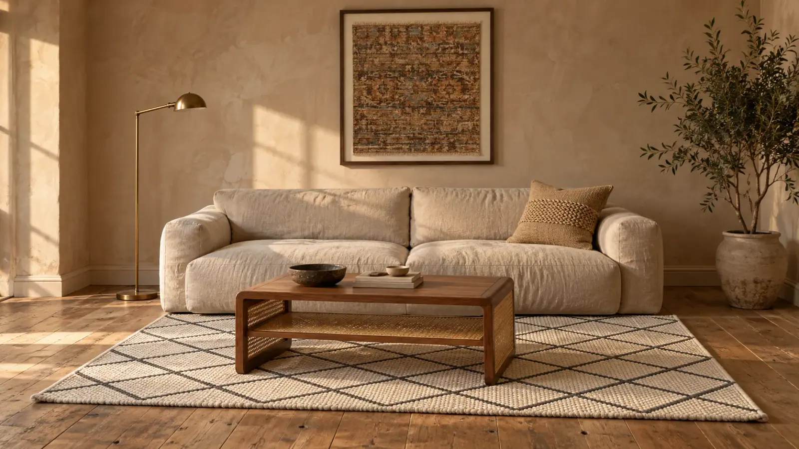 Lattice edit: a digitally styled room with the Sorrel Rug, Saoirse Coffee Table and Mercedes Cushion Cover