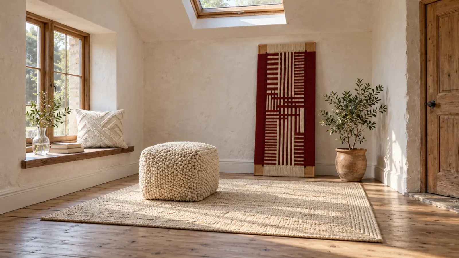 Lightwell edit: a digitally styled room with the Genevieve Rug, Bleach White, Brampton Wall Hanging and Arlo Pouf