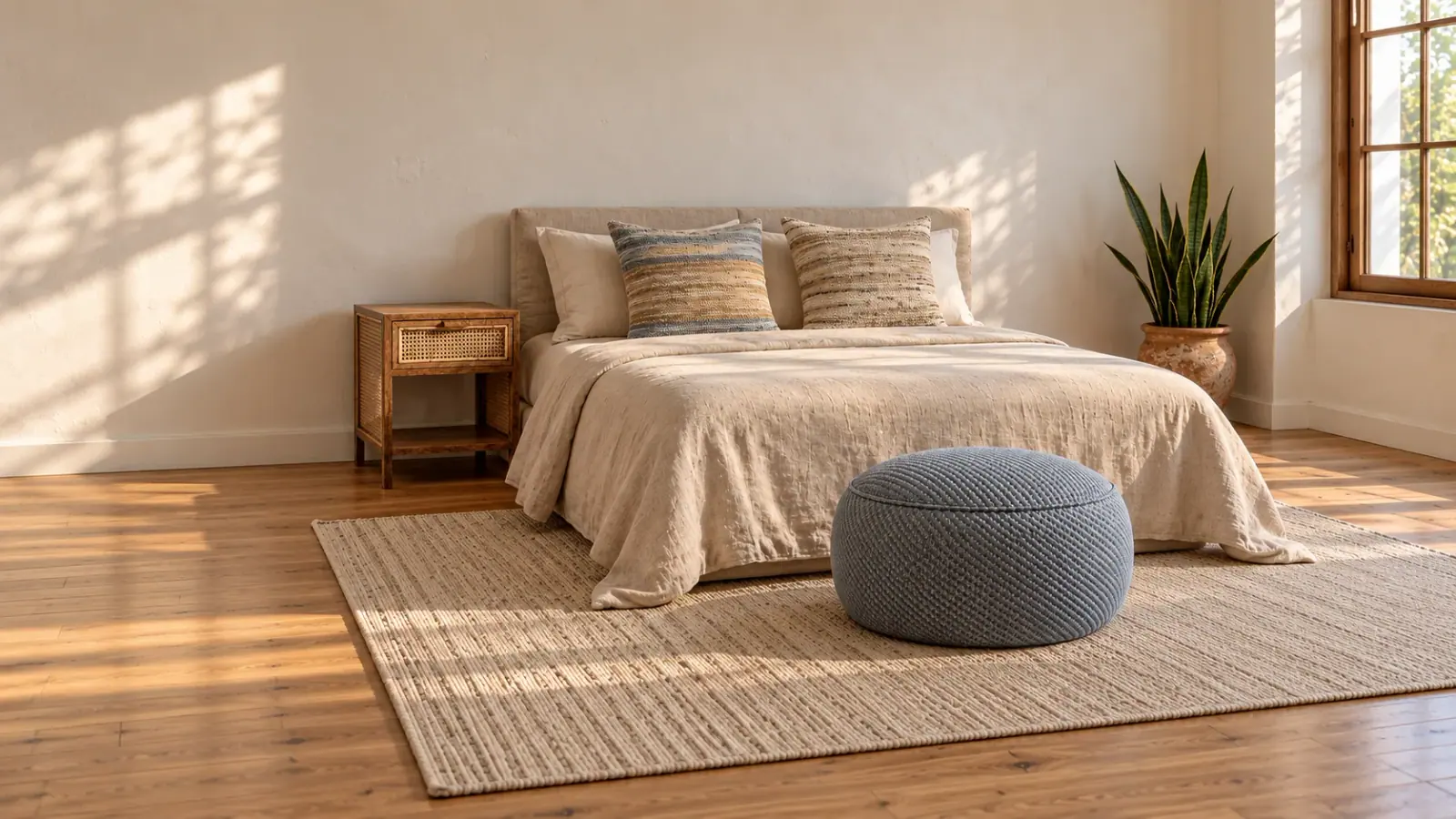 Linen Light edit: a digitally styled room with the Tamsin Rug, Dark Beige, Leander Side Table and Farah Cushion Cover