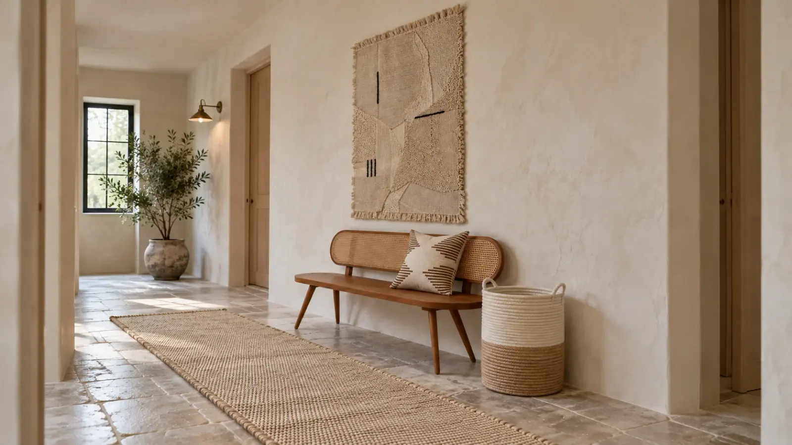 Long Room edit: a digitally styled room with the Augustin Runner, Natural Bleach, Tobin Bench and Vera Cushion Cover
