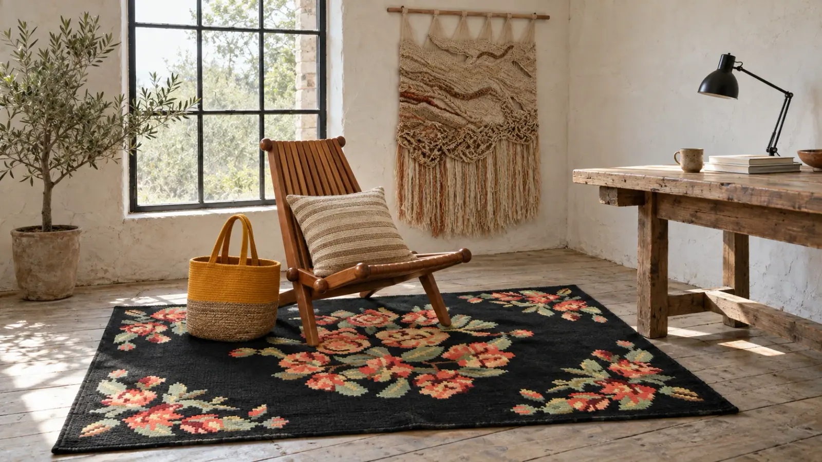 Loom edit: a digitally styled room with the Jasper Rug, Bastien Folding Chair and Pemberton Cushion Cover