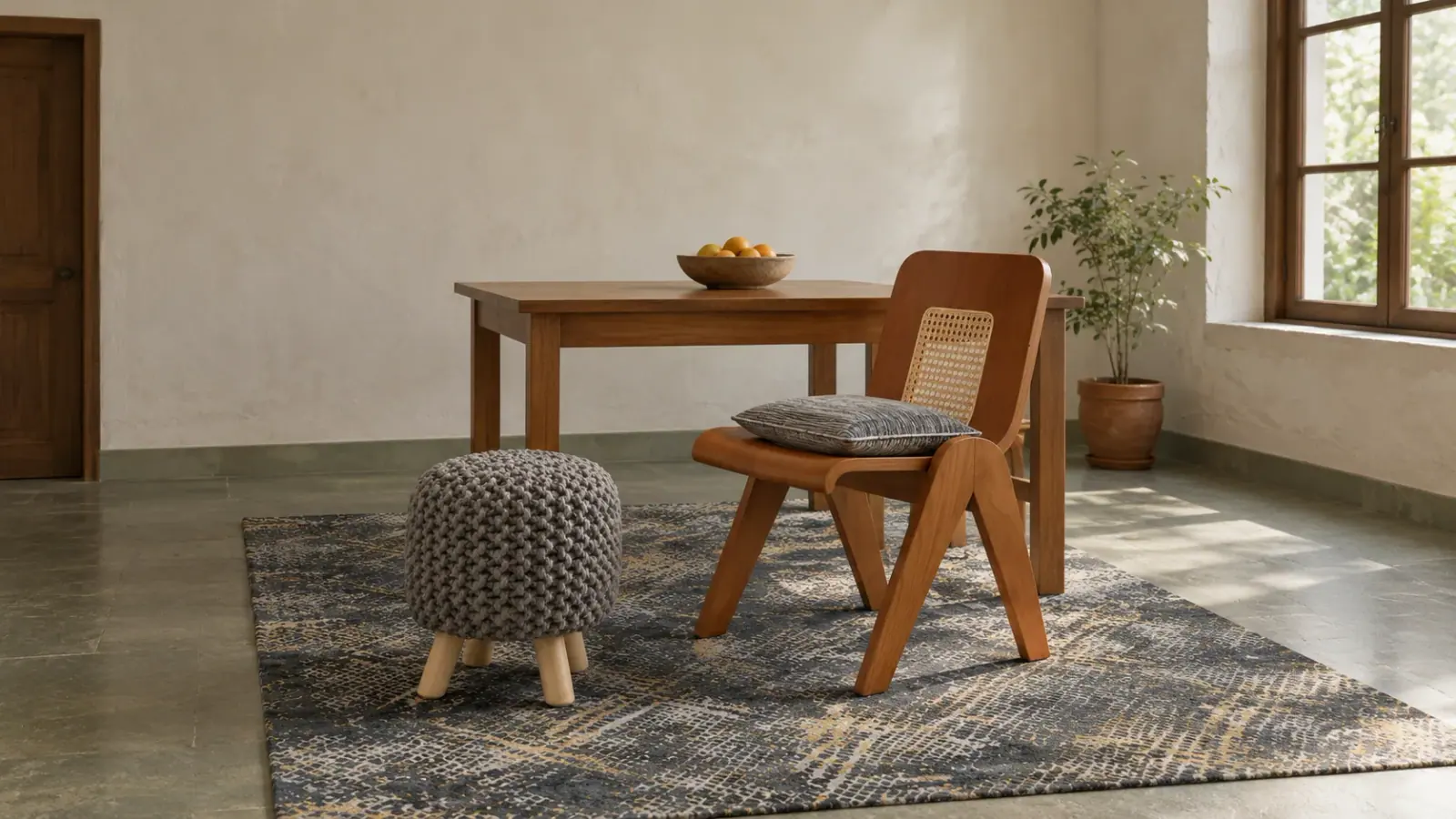 Mesa edit: a digitally styled room with the Zephyr Rug, Matilda Dining Chair and Willa Pouf