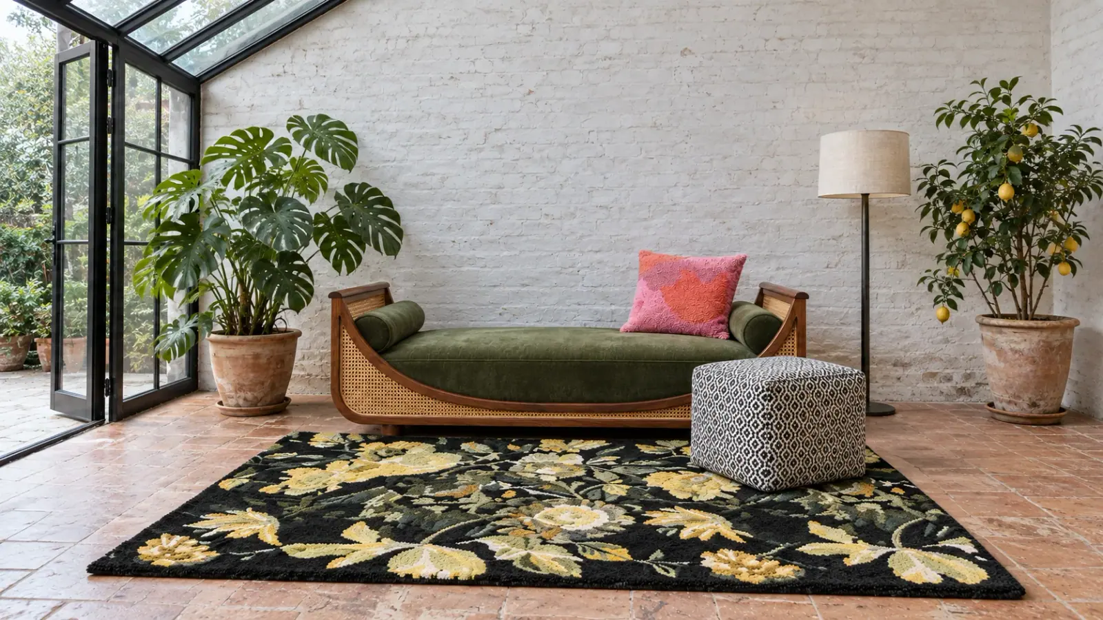 Midnight Garden edit: a digitally styled room with the Soraya Rug, Verona Daybed, Green and Emmet Pouf