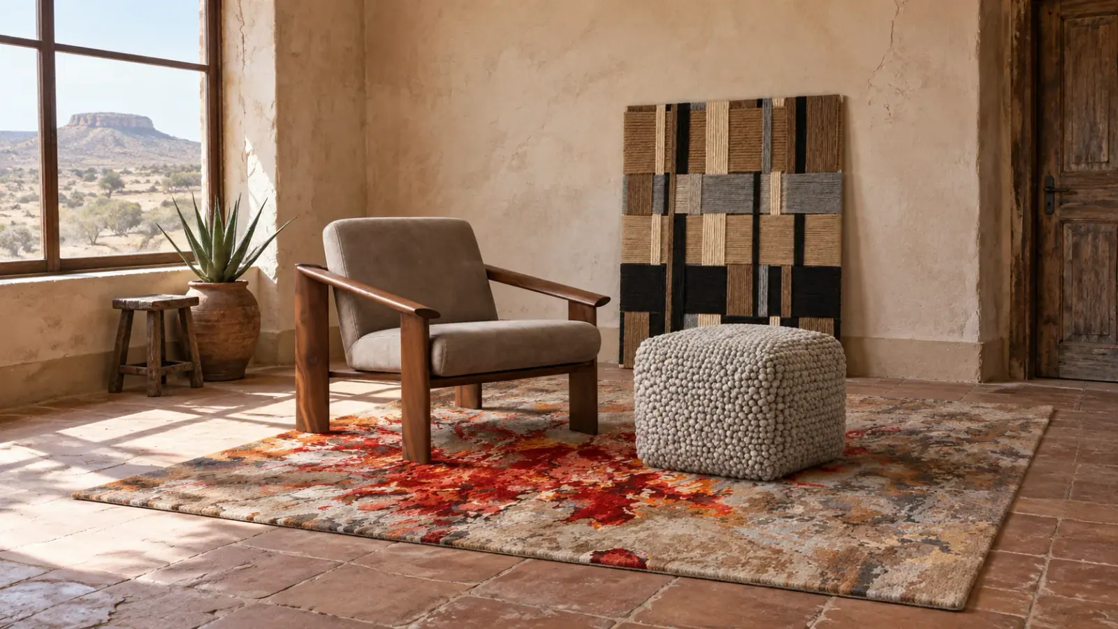 Monolith edit: a digitally styled room with the Emrys Rug, Ravi Lounge Chair and Gentian Wall Hanging