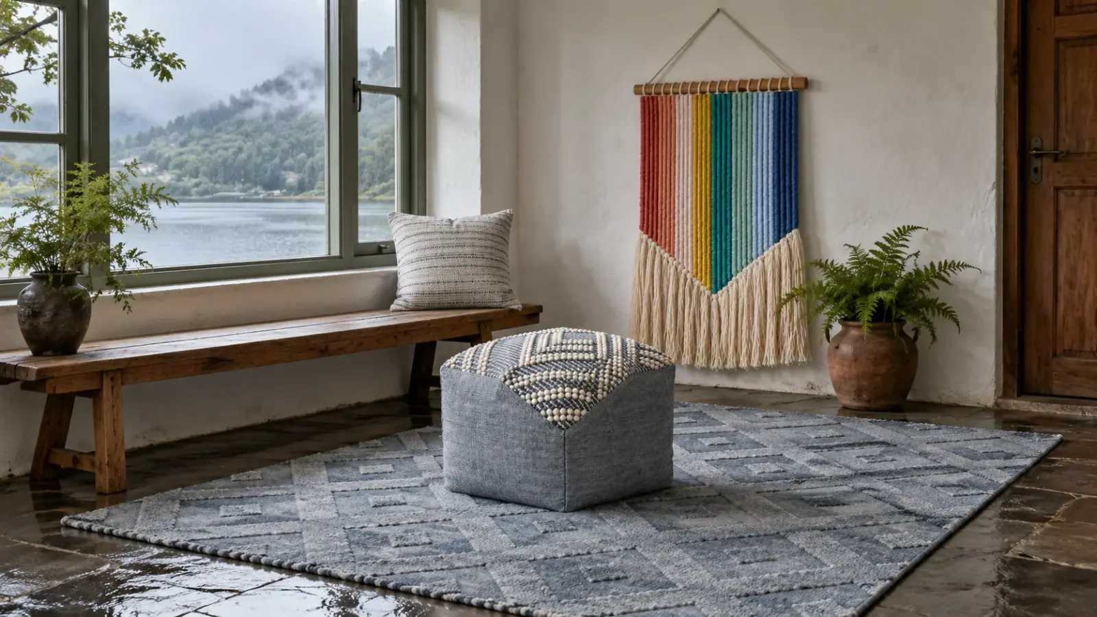 Monsoon edit: a digitally styled room with the Paloma Rug, Verity Wall Hanging and Nico Pouf