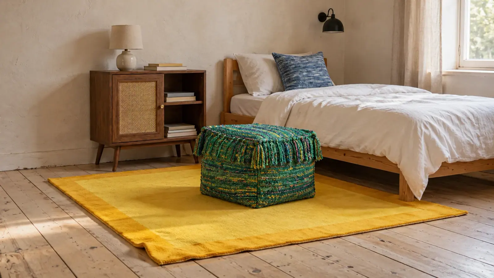 Nursery edit: a digitally styled room with the Bobbin Rug, Yellow, Imogen Nightstand and Ilka Pouf