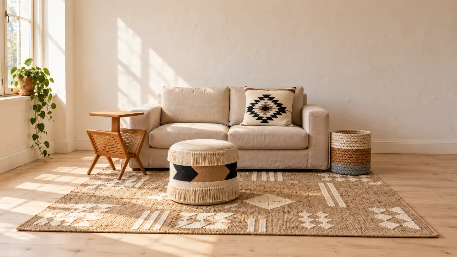 Oatmeal edit: a digitally styled room with the Kasim Rug, Leander Side Table and Kai Pouf