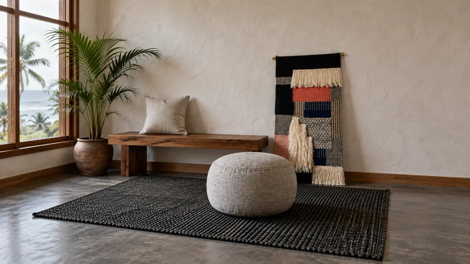 Obsidian edit: a digitally styled room with the Bastia Rug, Black, Upton Wall Hanging and Jory Pouf