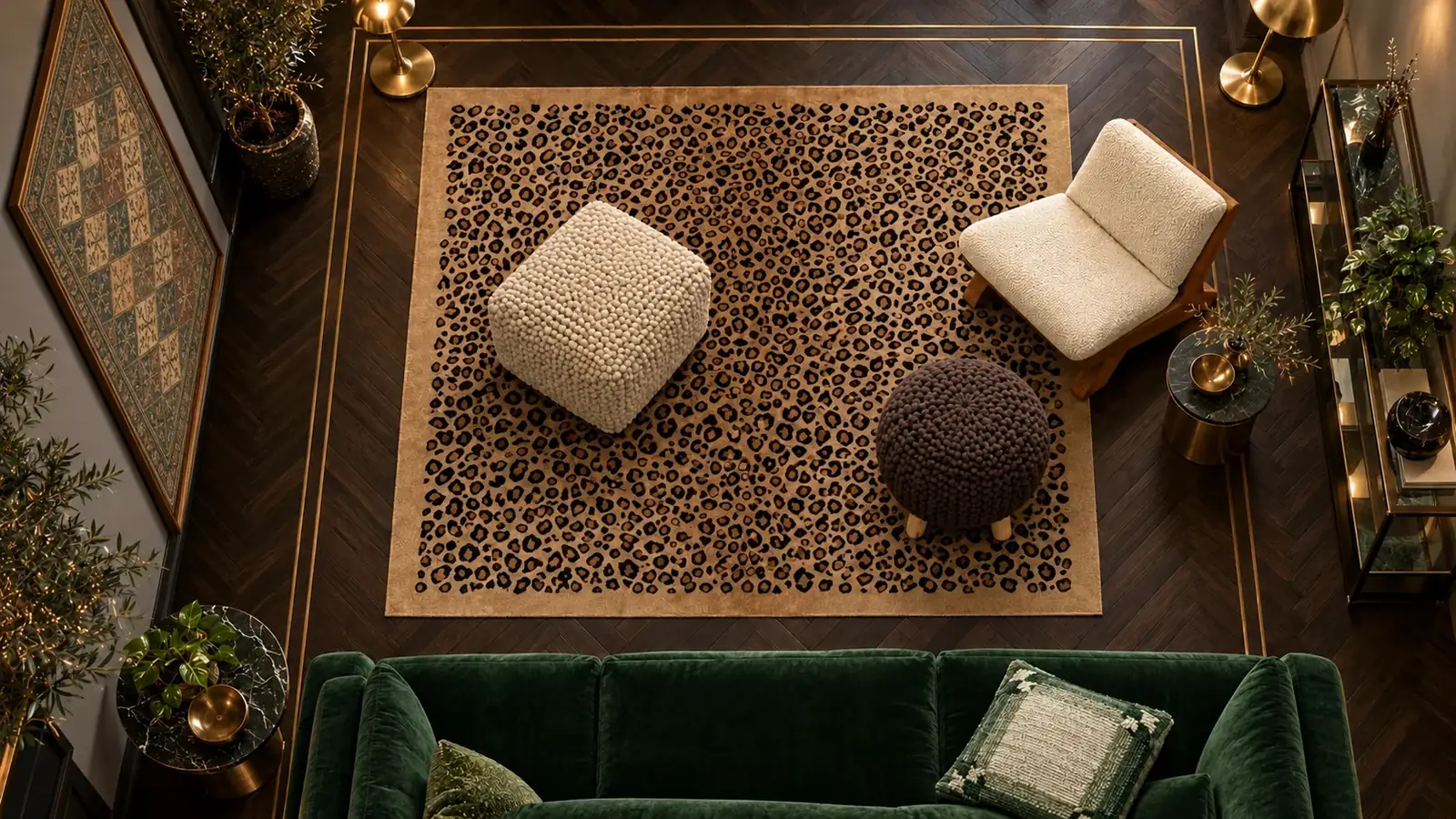 Ocelot edit: a digitally styled room with the Kallias Rug, Arlo Pouf and Aster Pouf