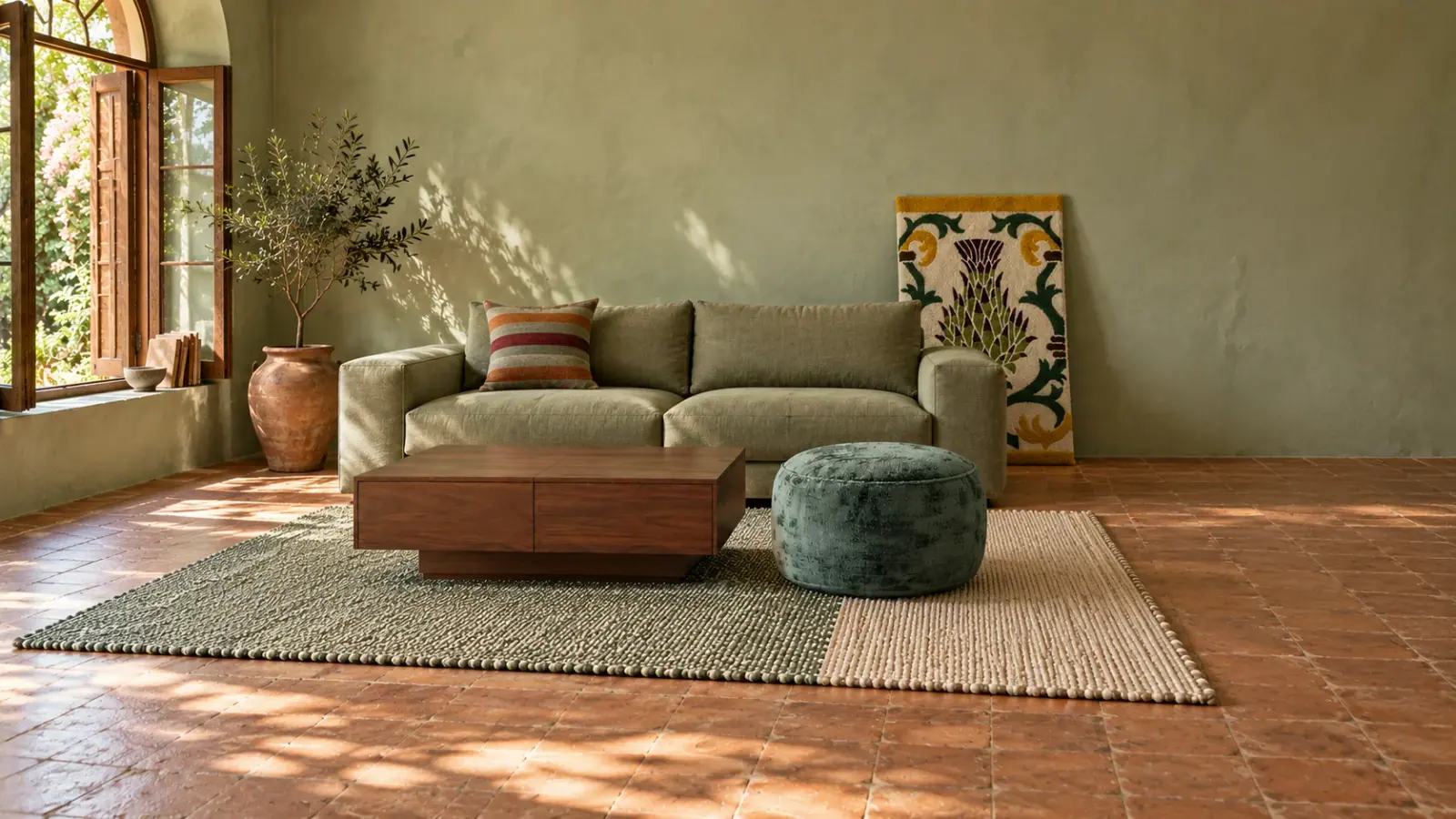 Olive Grove edit: a digitally styled room with the Cordelia Rug, Natural Olive, Corbin Coffee Table and Zora Pouf