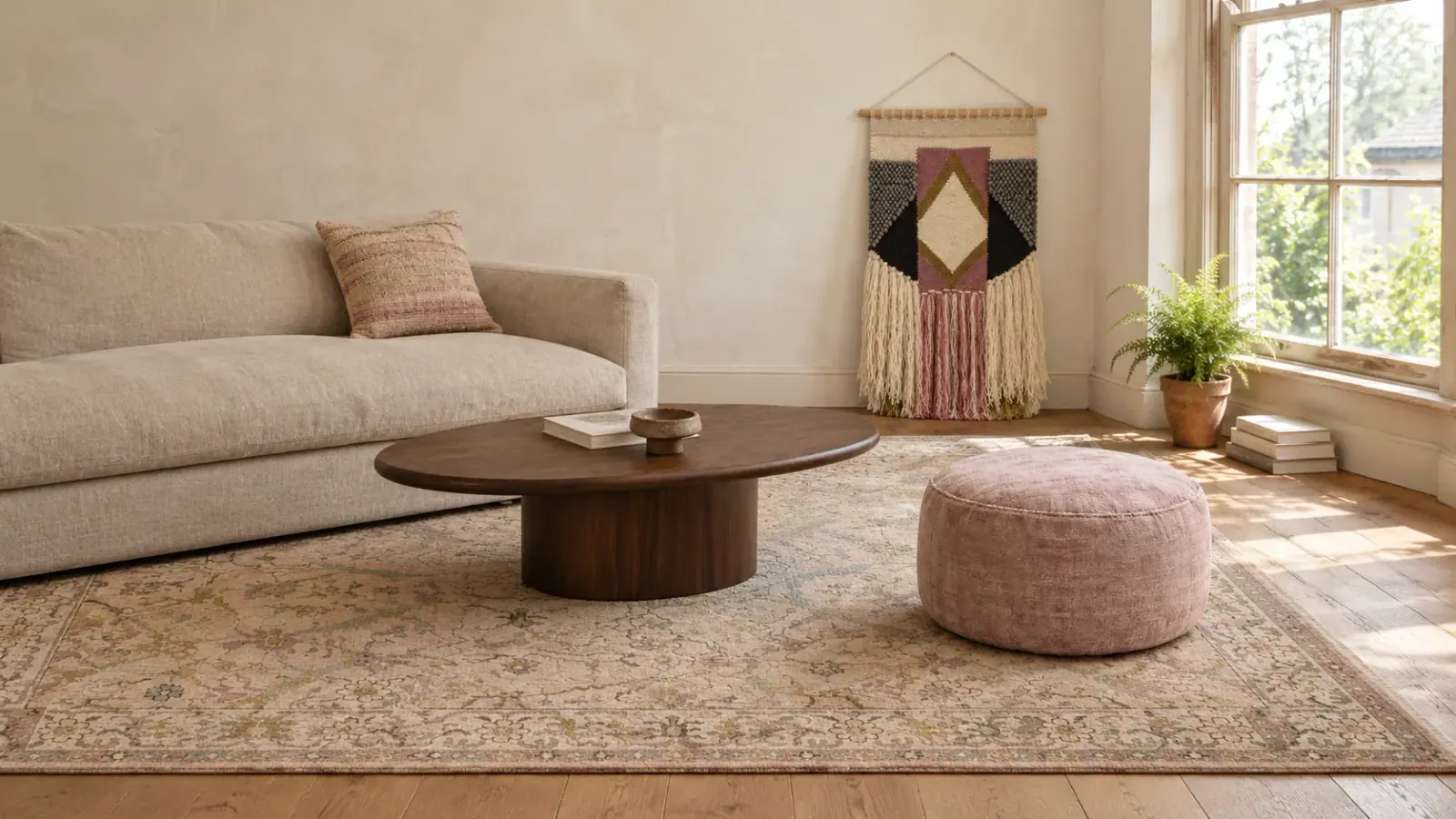 Peach House edit: a digitally styled room with the Wren Rug, Hadley Coffee Table and Remy Pouf