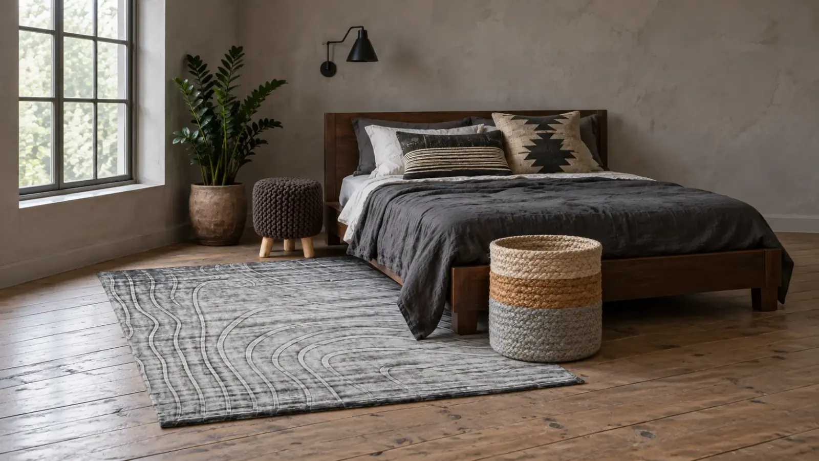 Pewter edit: a digitally styled room with the Vittoria Rug, Aster Pouf and Joss Cushion Cover