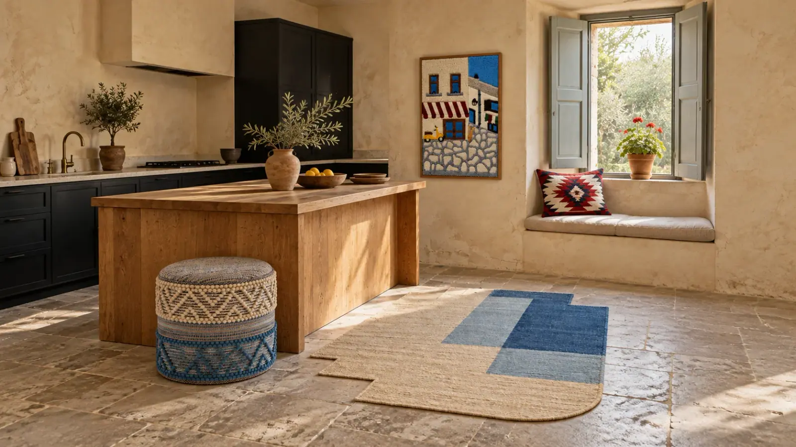 Piazza edit: a digitally styled room with the Lucien Rug, Odette Pouf and Kiran Wall Hanging