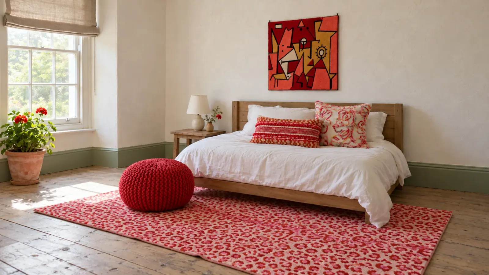 Poppy edit: a digitally styled room with the Orso Rug, Wynn Wall Hanging and Lena Pouf