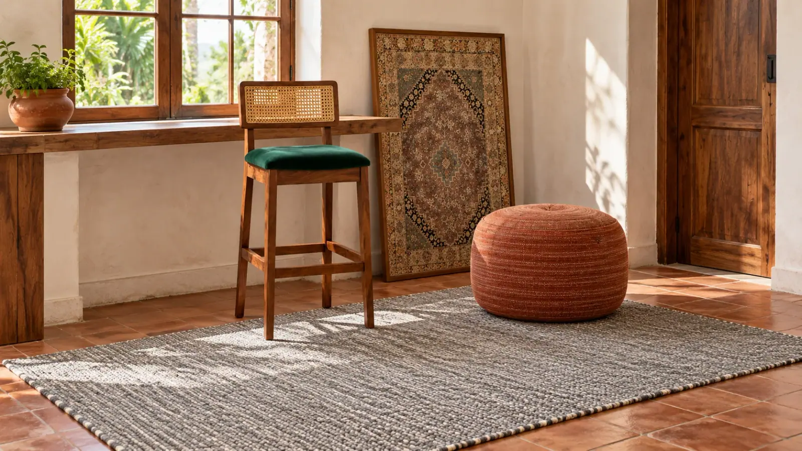 Quarry edit: a digitally styled room with the Hazel Rug, Grey White, Fabian Bar Stool, Green and Lapwing Wall Hanging