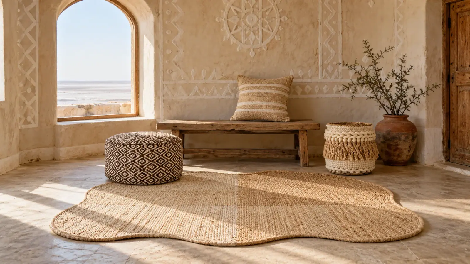 Rann edit: a digitally styled room with the Bellamy Rug, Natural Sand, Ivo Pouf and Tobias Cushion Cover