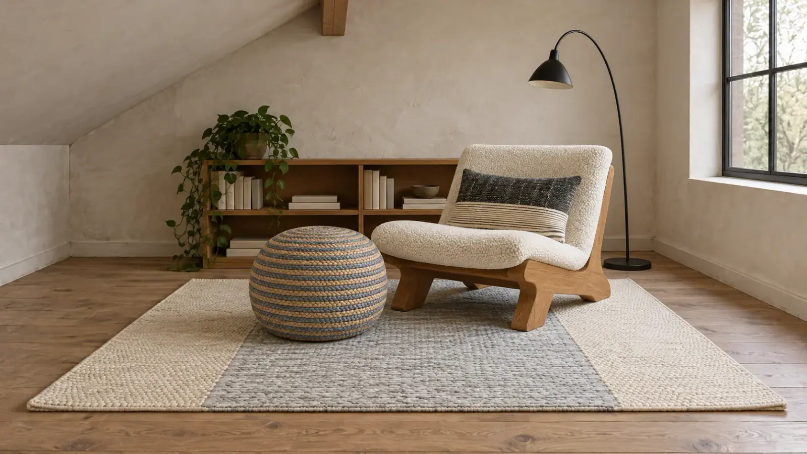 Refuge edit: a digitally styled room with the Rowan Rug, Ivory Silver, Cosima Lounge Chair and Rafa Pouf