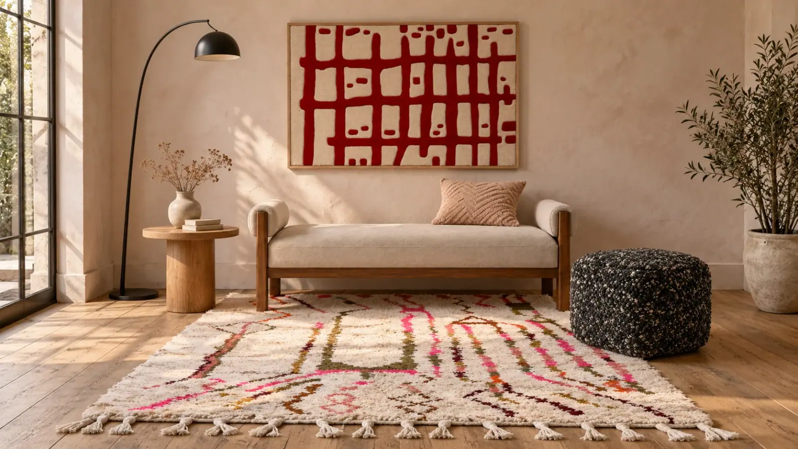 Rose Salt edit: a digitally styled room with the Hugo Rug, Odell Bench and Noor Pouf
