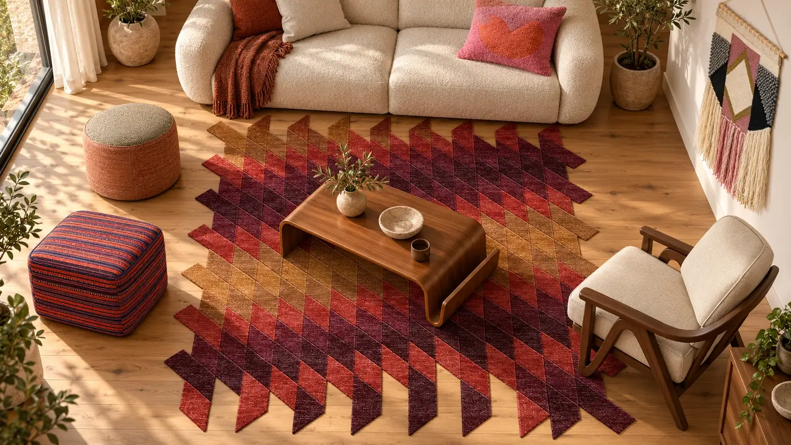 Russet edit: a digitally styled room with the Vesper Rug, Burgundy, Rhea Pouf and Lotte Pouf