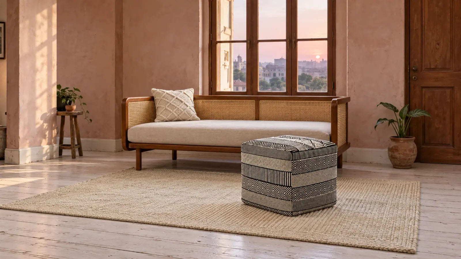 Salt Mirror edit: a digitally styled room with the Genevieve Rug, Bleach White, Linnea Daybed and Lior Pouf