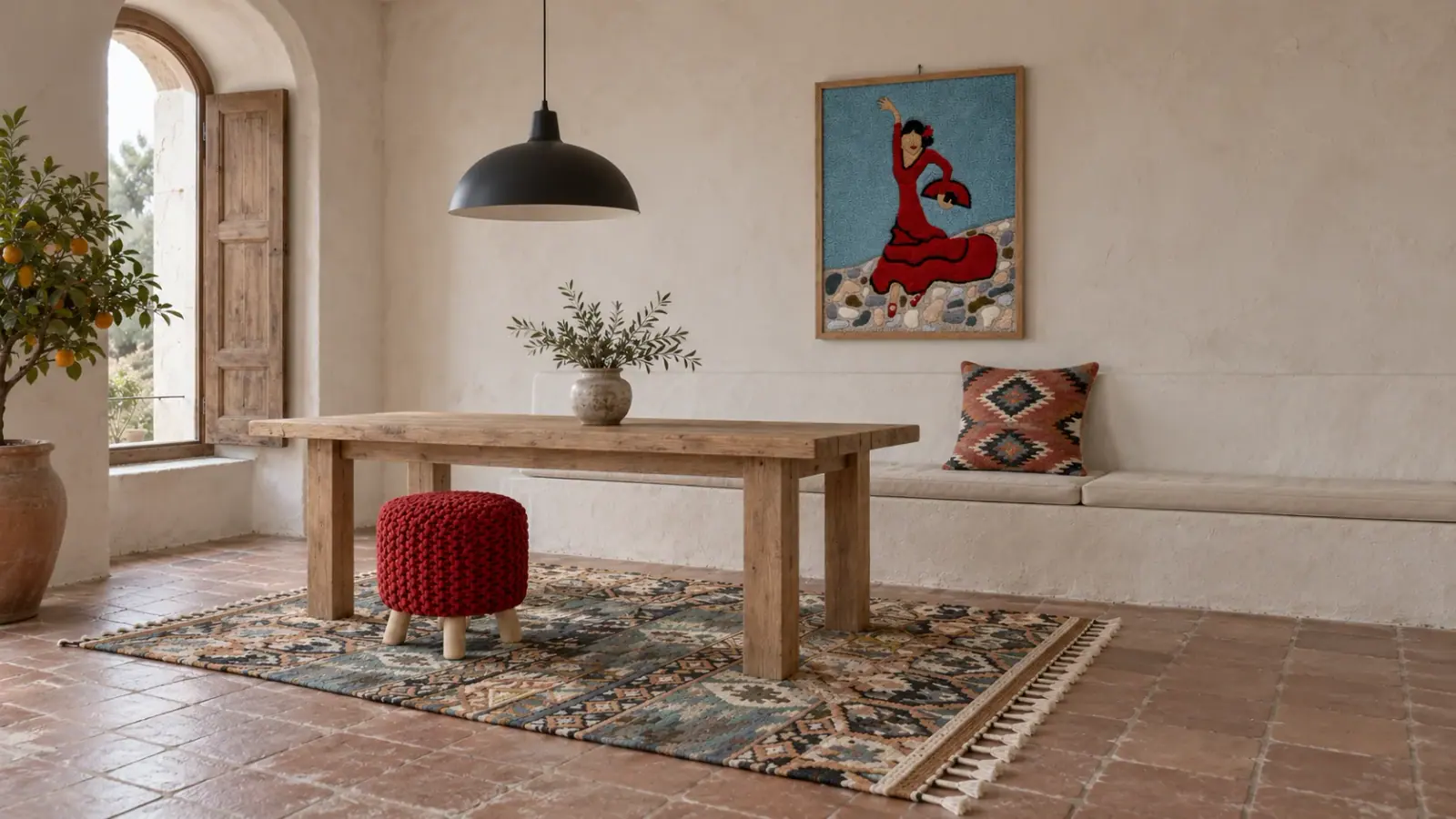 Seville edit: a digitally styled room with the Dune Rug, Ocean Camel, Swift Wall Hanging and Petra Pouf
