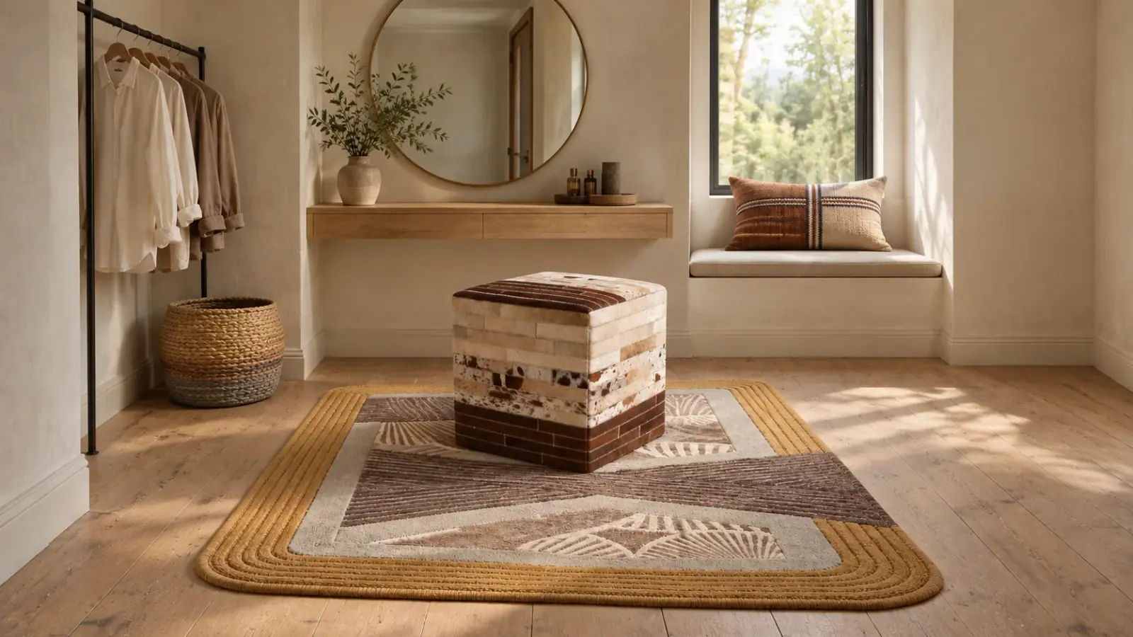 Shapes edit: a digitally styled room with the Emil Rug, Basil Pouf and Barnaby Cushion Cover
