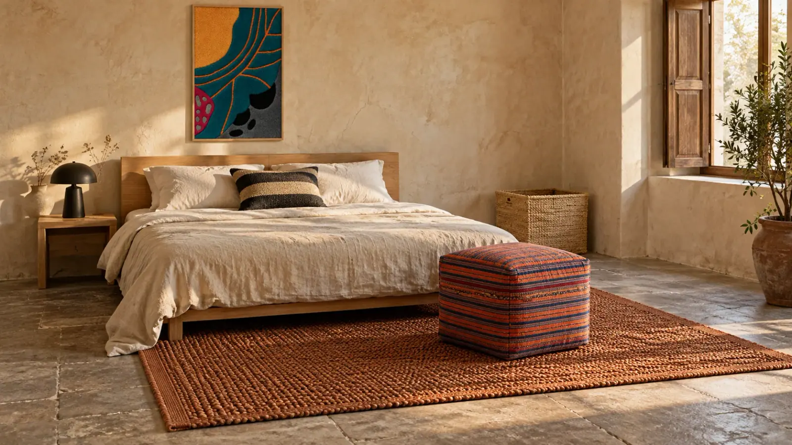Slot edit: a digitally styled room with the Bastia Rug, Rust, Gethin Wall Hanging and Lotte Pouf
