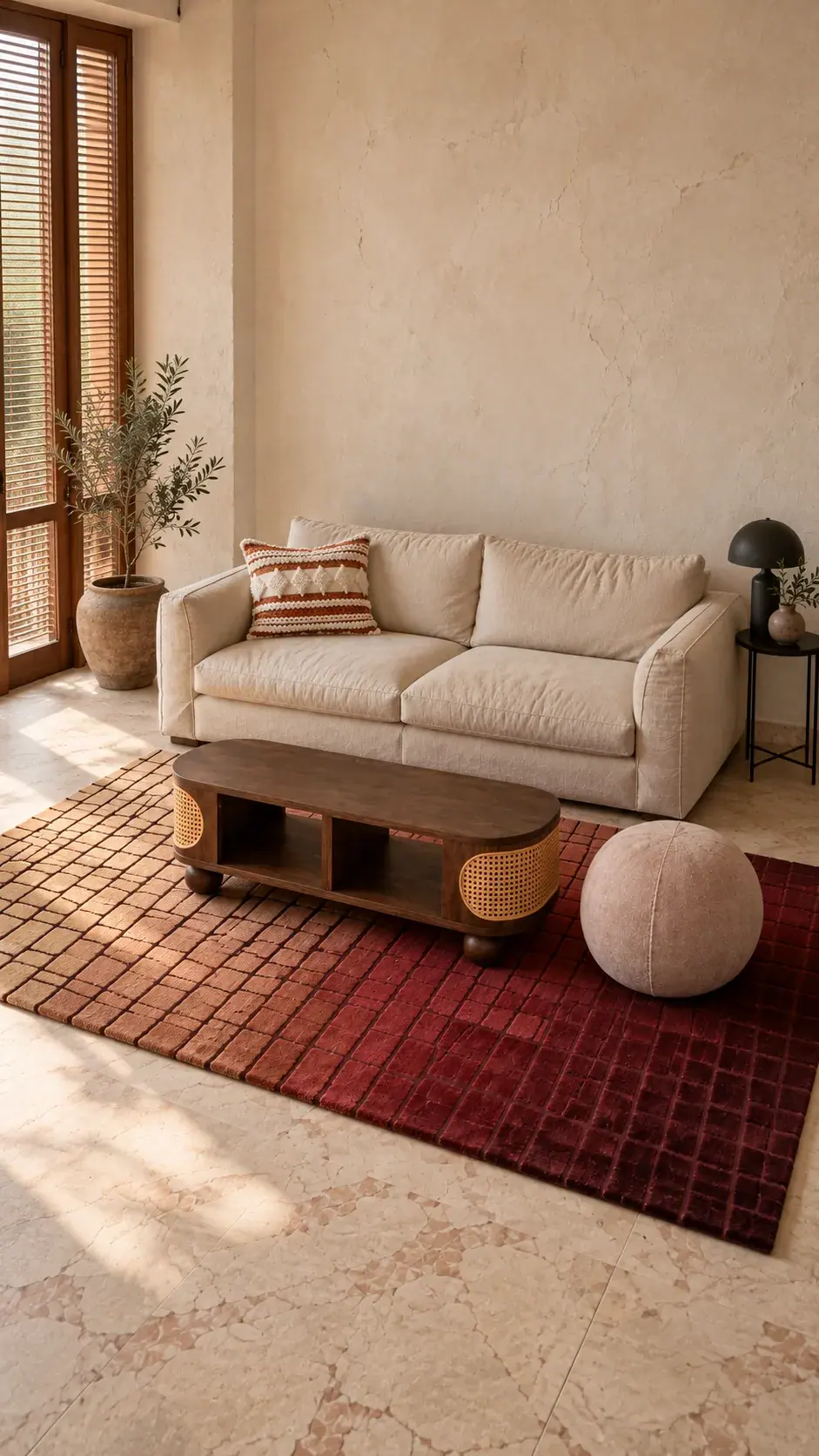 Strata edit: Red Grid, Deep Sofa, a digitally styled room scene
