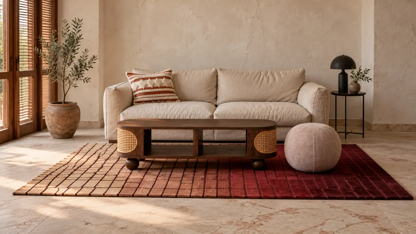 Strata edit: a digitally styled room with the Lucia Rug, Ophir Coffee Table and Fennel Pouf