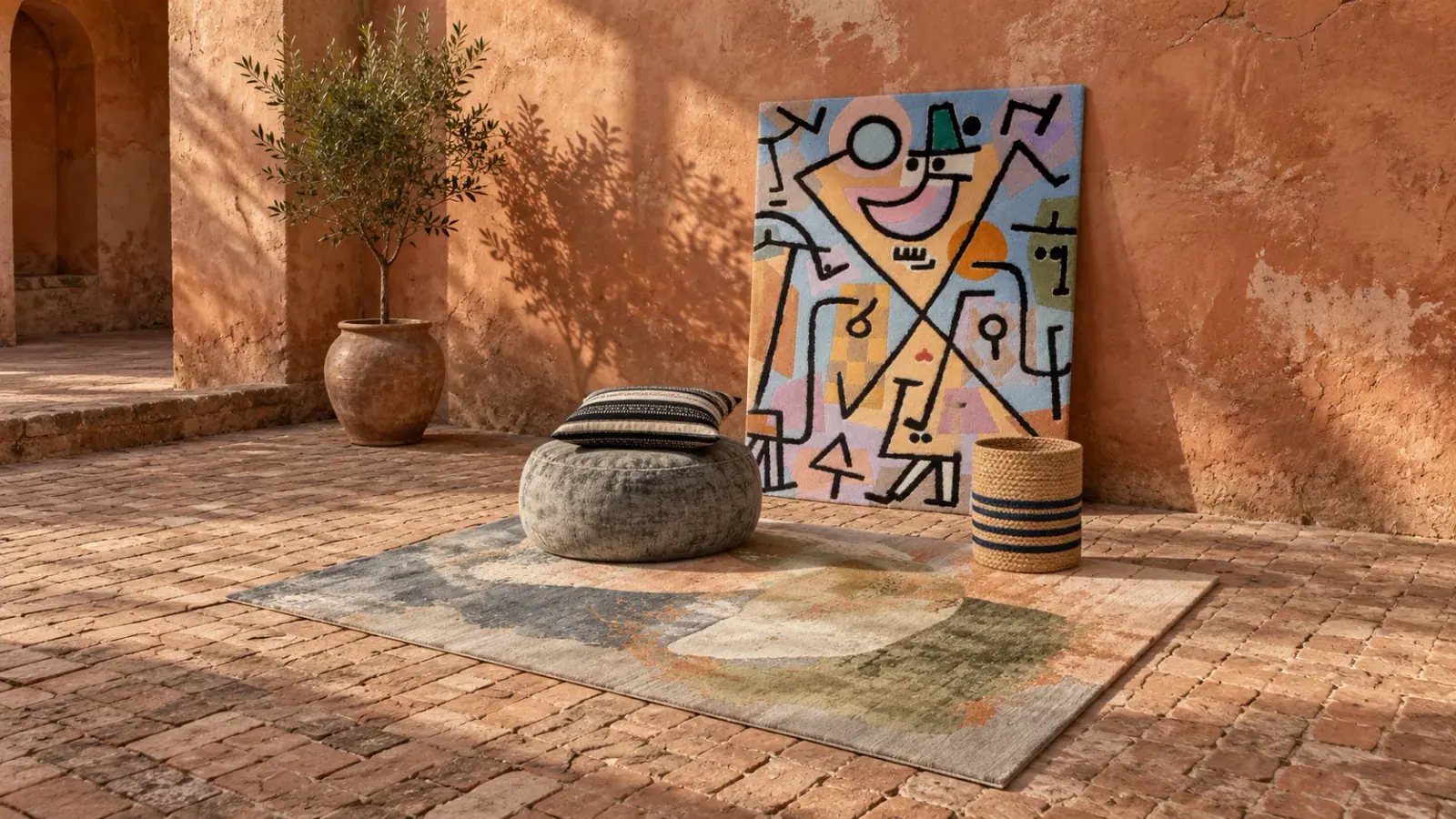 Terra edit: a digitally styled room with the Fiora Rug, Ulva Wall Hanging and Cosmo Pouf