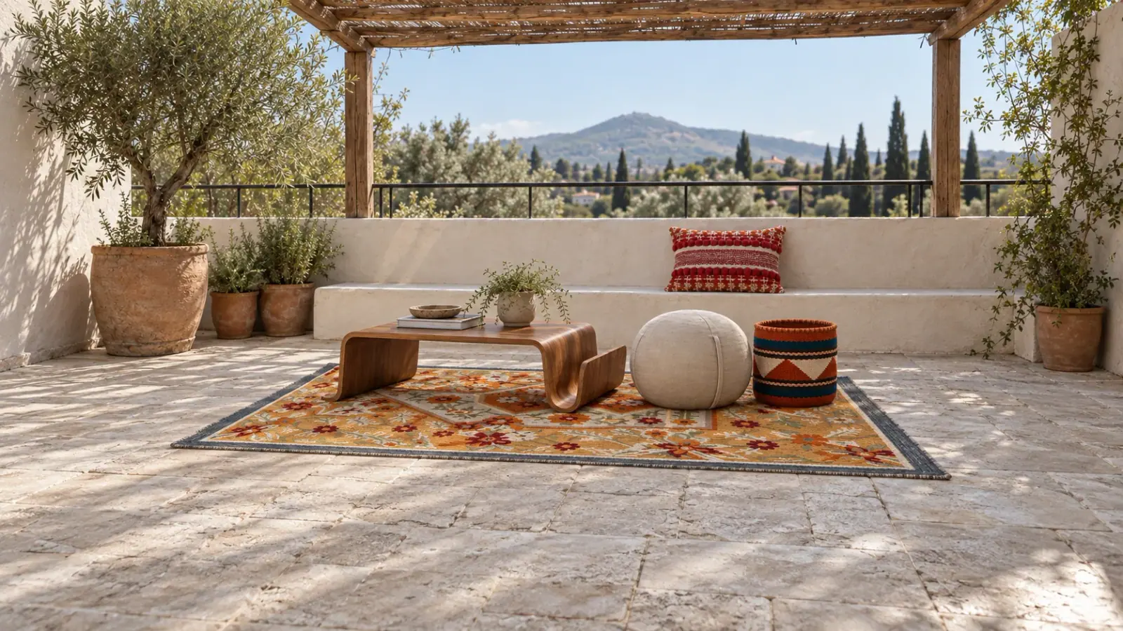 Terrace edit: a digitally styled room with the Marisol Rug, Saffron, Maren Coffee Table and Kaito Cushion Cover