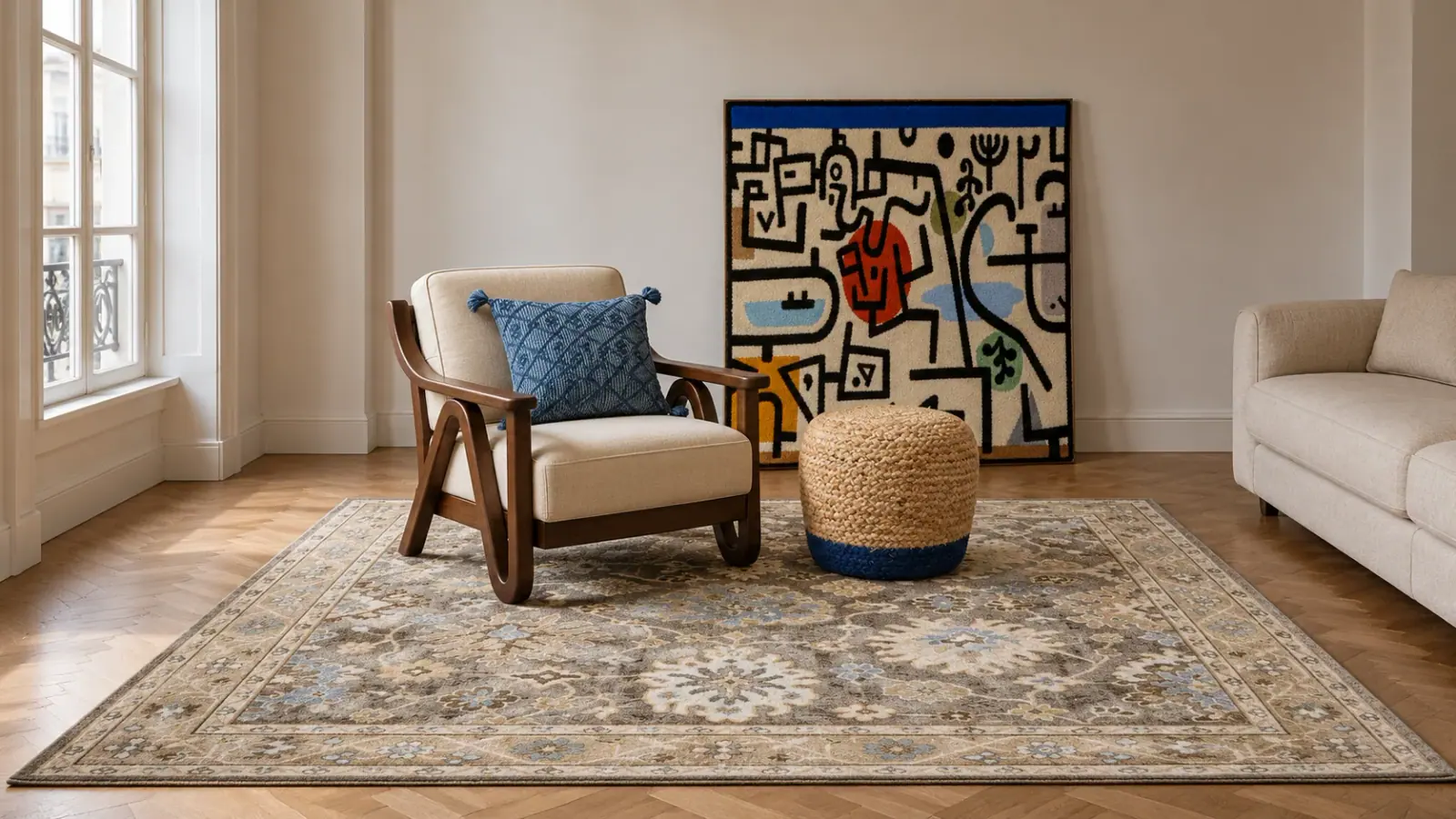 The Apartment edit: a digitally styled room with the Bram Rug, Cassia Armchair and Tansy Wall Hanging