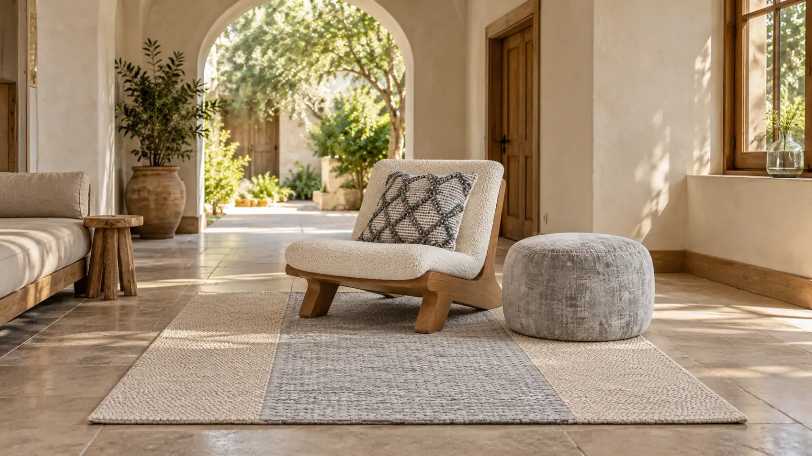 The Arch edit: a digitally styled room with the Rowan Rug, Ivory Silver, Cosima Lounge Chair and Bruno Pouf, Grey