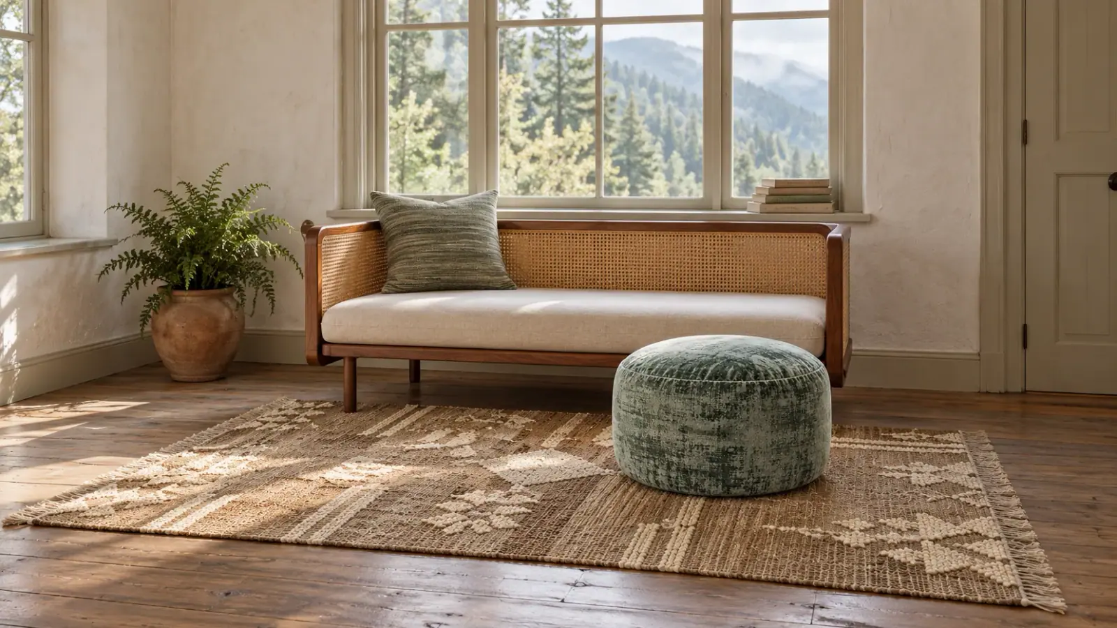 The Hollow edit: a digitally styled room with the Jetty Rug, Linnea Daybed and Bruno Pouf, Sage
