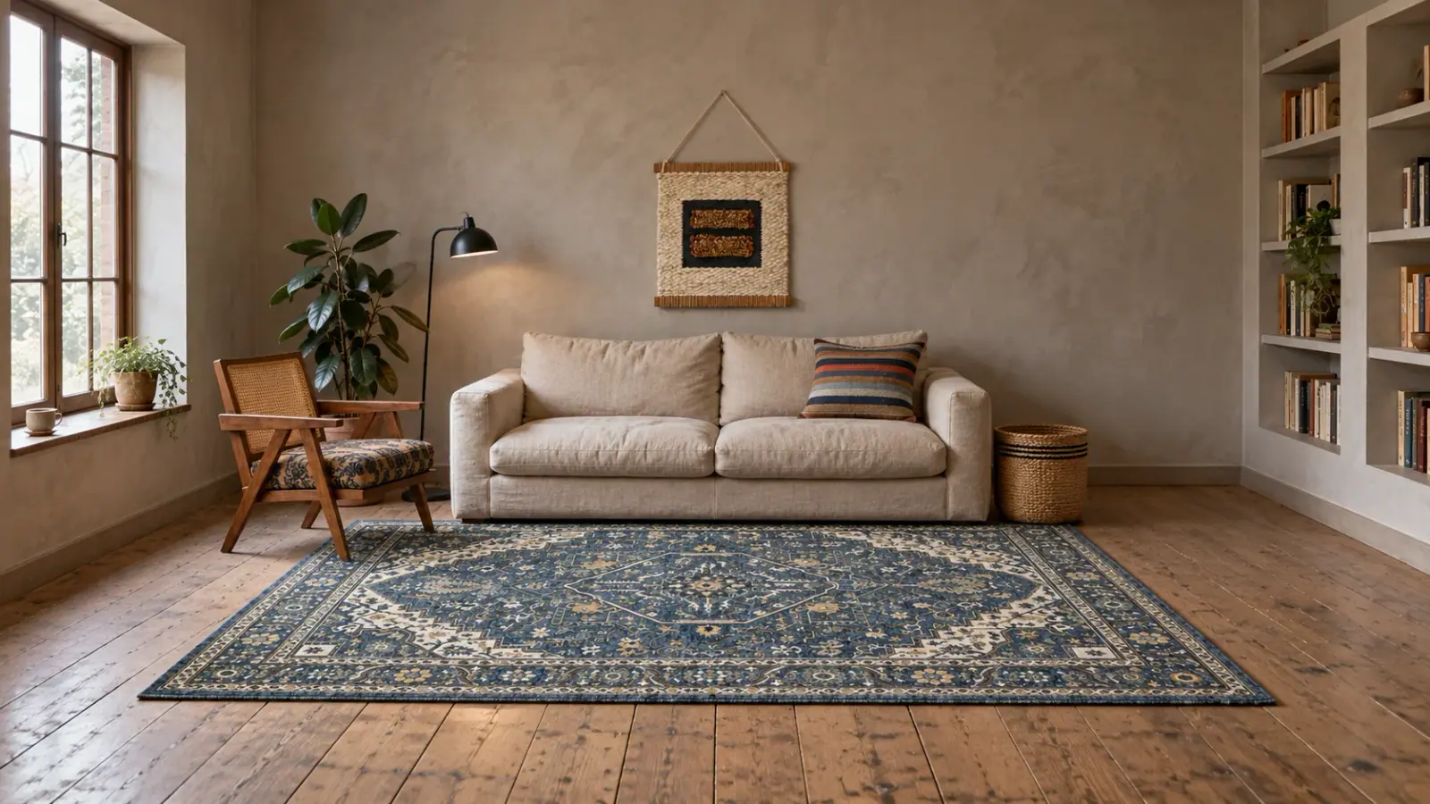 The Study edit: a digitally styled room with the Zora Rug, Aldous Armchair and Moss Basket