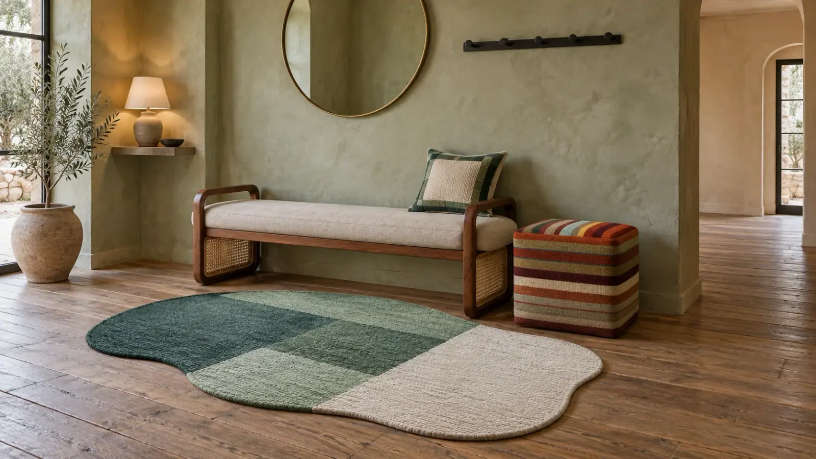 Verde edit: a digitally styled room with the Skein Rug, Forest Green, Lorcan Bench and Tove Pouf