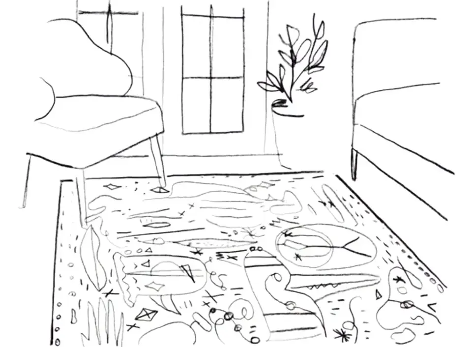 Animation of a puppy running across a rug